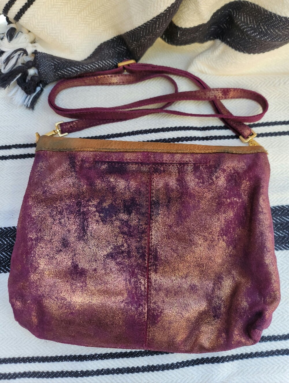 Hammit Leather Fold-Over Crossbody Bag in Brown and Plum with Gold Accents - Picture 11 of 15